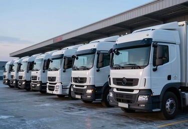 A photograph of a delivery fleet of white trucks parked at a modern loading bay during dusk, very light ice blue sky, organized and professional logistics environment.