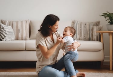 A mom joyfully playing with her kids surrounded by thoughtfully chosen toys and essentials.