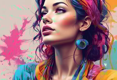 A vibrant workspace with colorful sketches and digital screens showing tee designs.