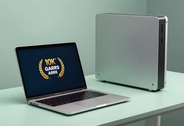 A high-end laptop and an all-in-one desktop computer sitting on a minimalist desk with soft mint green details.