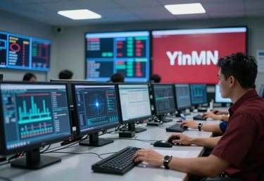 The interior of a high-tech control room in an Indonesian engineering firm. Glowing monitors show technical data, captured with a shallow depth of field. Colors include YInMn Blue and Deep Ripe Crimson.