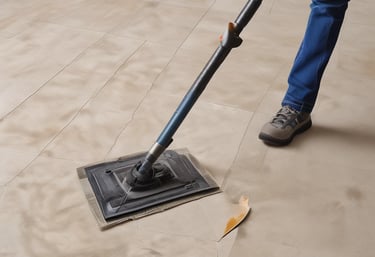 Close-up of a craftsman carefully installing vinyl plank flooring in a bright living room.