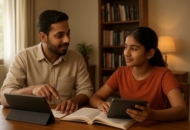 A well-lit, modern home study room in India, where a South Asian / Indian tutor is teaching a student with books and tablets, warm atmosphere.