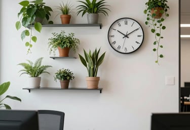 A clean, modern office interior in South Africa featuring a wall of plants and a minimalist clock, representing efficiency.