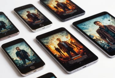A collection of modern mobile devices and a tablet spread out on a white surface, each displaying a different vibrant movie poster.