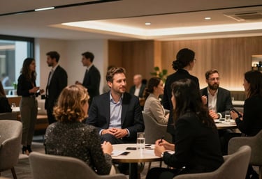 Photography of a sophisticated evening networking event at a Minneapolis agency, people engaged in conversation in a sleek modern lounge, North American / US professional gathering, warm ambient lighting.