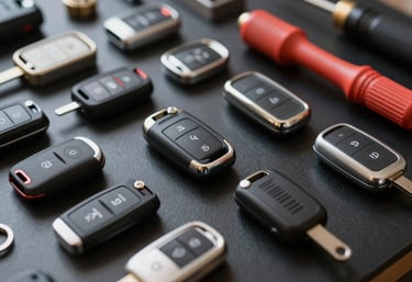 Close up of various high-quality car key shells and electronic tools on a clean black workbench, demonstrating variety and expertise.