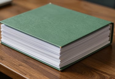 A close-up shot of a stack of neatly organized documents with a sage green folder on top, placed on a high-quality wooden desk.