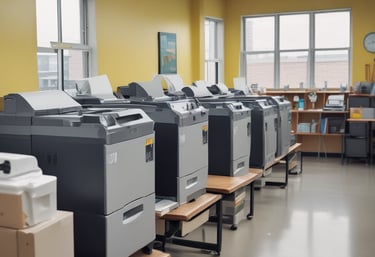 Image of colorful educational materials and office supplies neatly arranged.