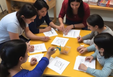 Photo of a teacher interacting warmly with children in a classroom setting.