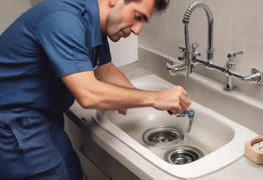 A skilled technician fixing a leaky faucet in a bright residential kitchen in Mauritius.