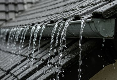 Rainwater overflowing from a clogged roof gutter on a house during a heavy rainstorm.