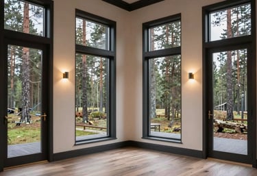 Interior photography of a finished luxury house project in a Northern European / Finnish forest. The space features large windows, soft off-white walls, and deep charcoal accents. The lighting is warm and inviting, showcasing premium materials and a polished finish.