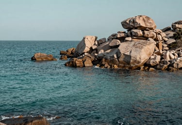 A scenic, calming view of the turquoise waters and granite rocks of the Porto-Vecchio coast, soft teal and blue palette, Southern European / Corsica.