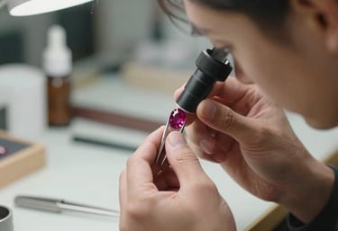Professional photograph of a master jeweler inspecting a ruby with a loupe, soft focus background of a clean store, North American / US context.