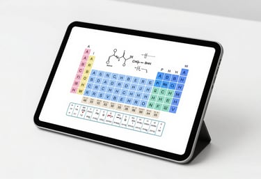 A clean, minimalist desk with a digital tablet displaying chemical formulas and a periodic table. Bright, airy composition using #8BAAB7 and #F8F9F3.