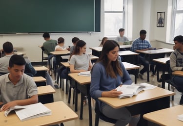 A warm, inviting workspace with a coach and client engaged in a focused conversation, surrounded by books and notes.