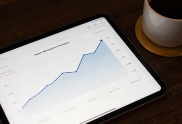 Detailed view of a tablet displaying a clean, professional dashboard with upward-trending lines. Beside it sits a coffee cup on a gold coaster.