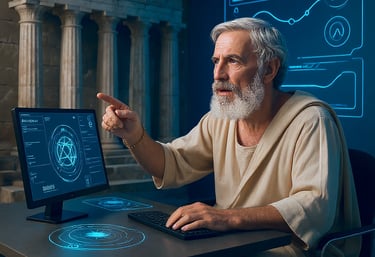 Timeless wisdom meets futuristic data interfaces.