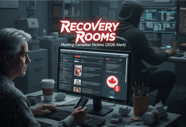 An image of an old man in front of the pc and a text :Recovery Rooms Scams