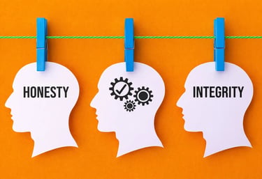 3 silhouettes showing honesty, gears and integrity