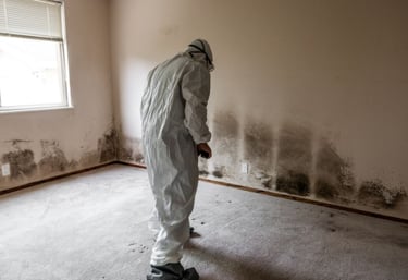man in hazmat suit cleaning black mold in house