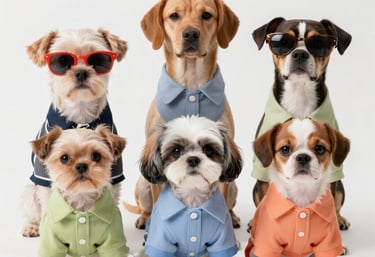 .Seis adorables perros de diversas razas con coloridas camisetas polo y gafas de sol sobre un fondo 