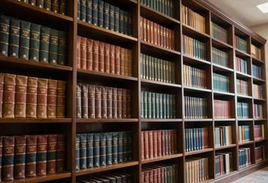 A legal library with floor-to-ceiling bookshelves in a South Asian / Pakistani law firm, showcasing a vast collection of leather-bound books.