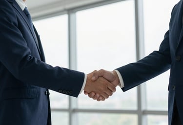 A professional handshake between two business people in a modern office with large windows. The light is bright and soft off-white, reflecting a professional atmosphere.