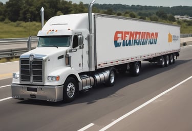 A fleet of delivery trucks with the Logimex logo driving through a vibrant Mexican city.
