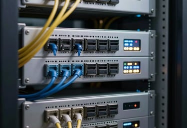 A clean, technological backdrop of server lights and network cables representing professional digital infrastructure and support.