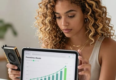 Modern workspace with a laptop showing rental income simulation charts.