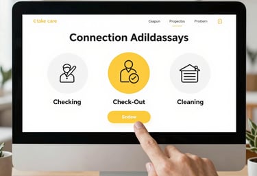 A concierge handing over keys to happy vacation renters at a modern rental property.