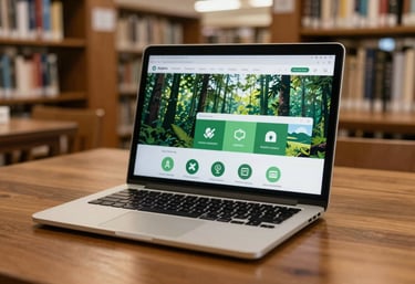 A modern laptop on a wooden table in a brightly lit South American library, showing an online learning interface with forest green icons.