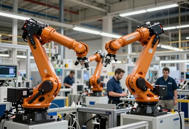 A sharp, clear photograph of a modern automotive manufacturing plant's interior during an upgrade, featuring advanced robotics and professional technicians in a Canadian facility.