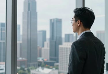 A focused professional in a modern office looking out a large window at a futuristic city skyline. International Business context. High-key lighting with soft blue and gray tones.