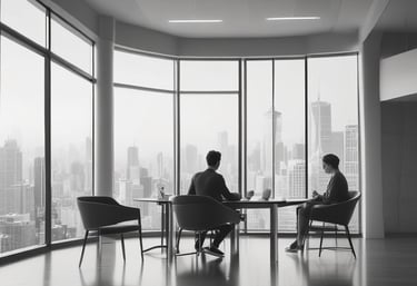 Modern office workspace with team collaborating on financial technology solutions.