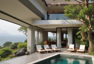 A sleek modern villa overlooking a lush tropical garden at sunset.