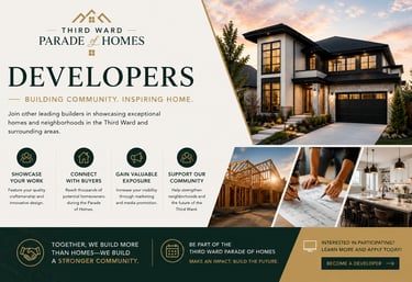 Third Ward Parade of Homes advertisement for developers featuring a modern luxury house and architectural blueprints.