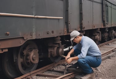 Technicians performing detailed railcar maintenance in an industrial setting.