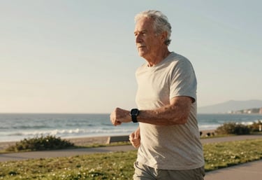 A senior man looking healthy and active, using a smart watch while walking in a park near the ocean. Serene off-white and muted sky blue colors dominate the scene.
