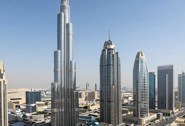 A sleek modern office skyline at dusk symbolizing global business connections.