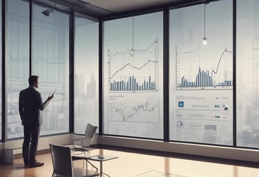 Close-up of hands organizing financial documents and charts on a wooden desk.