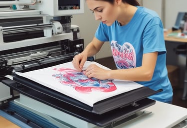 Close-up of hands printing a vibrant holiday-themed t-shirt.