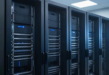 Modern server room or high-tech communication hub equipment, symbolizing reliability and speed, slate and navy blue lighting.