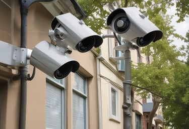 Close-up of an IP camera mounted on a building exterior with clear sky background.