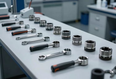 An organized row of professional auto glass tools on a clean workbench, illuminated by cool, modern laboratory lighting.