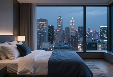 A view of a modern master bedroom with a large window framing a city skyline at night. Minimalist linens in #F5F7F8 and deep blue accents (#5B8FB3).