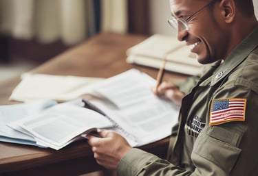 Veteran reviewing documents with a calm, focused expression in a cozy home office.