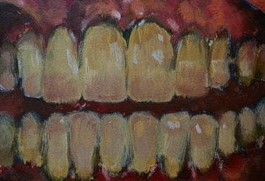 a messy, loose oil painting depicting a close-up picture of yellow teeth, grinning, titled "teeth"